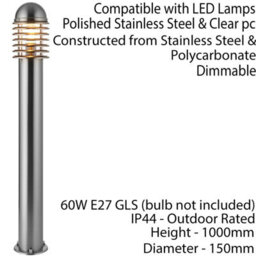 1M Outdoor Post Bollard Light Polished Steel Vandal Proof External Pathway Lamp - thumbnail 2