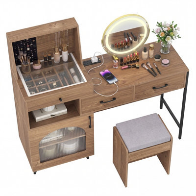 Costway 3 Drawers Vanity Desk Set Dressing Table With Mirror And Lights-Natural