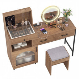 Costway 3 Drawers Vanity Desk Set Dressing Table With Mirror And Lights-Natural