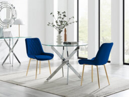 Furniturebox Uk Novara 100Cm Round  Dining Table And 2 Navy Pesaro Gold Leg Chairs