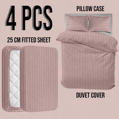 Oxford Homeware Peach King Stripe Soft Microfiber Duvet Cover, Fitted Sheet & Pillowcase Set 4 Piece Bedding Set