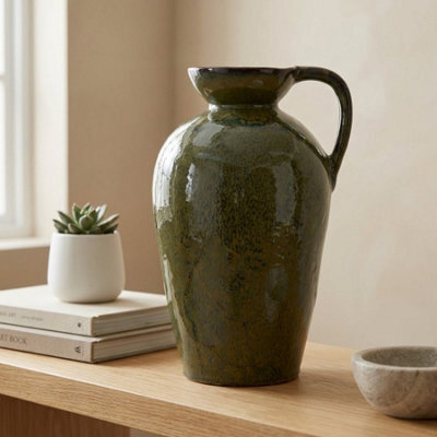 Garden Greatness Botanical Tall Olive Glaze Handle Vase - image 1