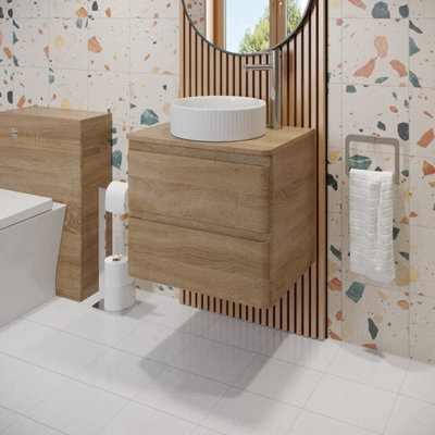 Affine 600mm Bathroom Countertop Vanity Unit Round Fluted Basin Wall Hung Soft Close Oak - image 1