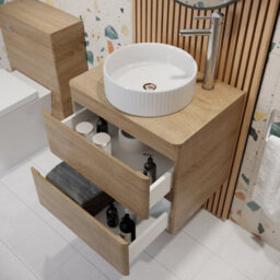 Affine 600mm Bathroom Countertop Vanity Unit Round Fluted Basin Wall Hung Soft Close Oak - thumbnail 3