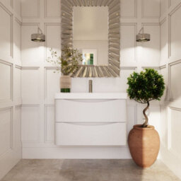 Balterley Dunwood Modern Bathroom Wall Hung 2 Drawer Vanity Unit & Ceramic Basin, Satin White, 800mm - thumbnail 2