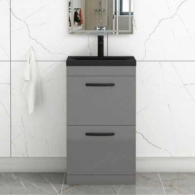 Royal Bathrooms Turin 500mm Floor Standing Vanity Unit 2 Drawer Indigo Grey Gloss With Black Basin & Handles - image 1