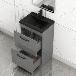 Royal Bathrooms Turin 500mm Floor Standing Vanity Unit 2 Drawer Indigo Grey Gloss With Black Basin & Handles - thumbnail 6