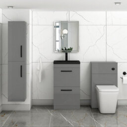 Royal Bathrooms Turin 500mm Floor Standing Vanity Unit 2 Drawer Indigo Grey Gloss With Black Basin & Handles - thumbnail 5