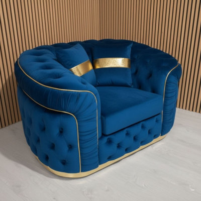 Stratus Interiors Ambassador Blue Sofa Chesterfield Toronto Gold Trim Plush Velvet - Frills - image 1