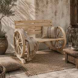 Wyld Haus Hata Zilu Natural Fir Wooden Wagon Wheel Garden Bench, Two-Seater Loveseat With Armrests - thumbnail 1