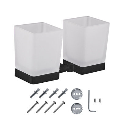 Jassferry Double Wall Mounted Toothbrush Tumbler Holder Frosted  Black Glass Square Cup - image 1