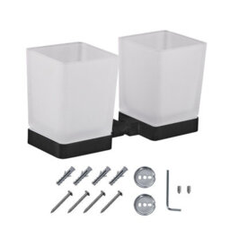 Jassferry Double Wall Mounted Toothbrush Tumbler Holder Frosted  Black Glass Square Cup - thumbnail 1