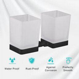 Jassferry Double Wall Mounted Toothbrush Tumbler Holder Frosted  Black Glass Square Cup - thumbnail 5