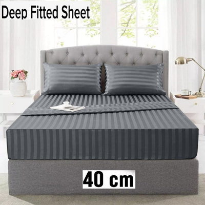 Ameha Stripe Fitted Sheet 40 Cm Deep Pocket- Hypoallergenic Easy Care Grey Bed Sheets Uk King Bedsheet(152X200Cm) - image 1