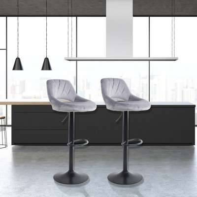 Set Of Two Neo Grey Crushed Velvet Bar Stools With Matt Black Legs - image 1