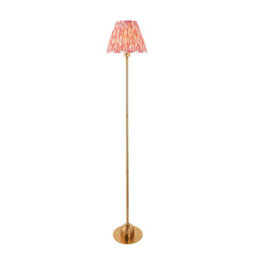 Luminosa Lighting Luminosa Burley Rechargeable Brushed Aged Brass Plate Floor Lamp With Coral Pink Fabric Ikat Shade 25Cm Integrated Led