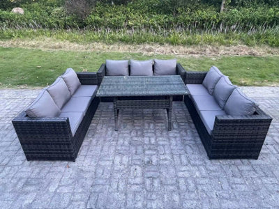 Fimous 9 Seater Outdoor Wicker Garden Furniture Rattan Lounge Sofa Set Patio Rectangular Dining Table Three Seater Sofa - image 1