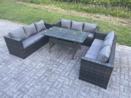 Fimous 9 Seater Outdoor Wicker Garden Furniture Rattan Lounge Sofa Set Patio Rectangular Dining Table Three Seater Sofa - thumbnail 2