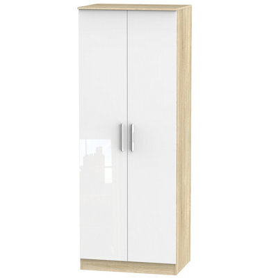 Trent Tall Double Hanging Wardrobe In White Gloss & Bardolino Oak (Ready Assembled)
