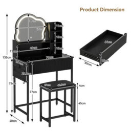 Led Lighted Dressing Table Set With Mirror Stool Makeup Vanity Desk Space Saving - thumbnail 5