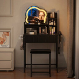 Led Lighted Dressing Table Set With Mirror Stool Makeup Vanity Desk Space Saving - thumbnail 2