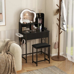 Led Lighted Dressing Table Set With Mirror Stool Makeup Vanity Desk Space Saving - thumbnail 1
