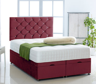 Comfy Deluxe Burgundy Plush Foot Lift Ottoman Bed With Memory Spring Mattress And    Studded Headboard 5.0Ft King Size - image 1