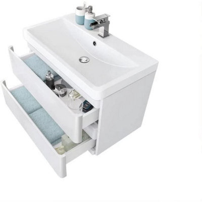 Bathroom Built In Sink Basin Vanity Unit Wall Hung Storage Drawer 800 mm White - image 1