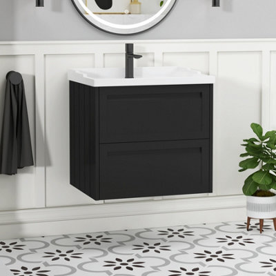 Royal Bathrooms Elmore 600mm Wall Hung 2 Drawer Bathroom Vanity Unit With Traditional Ceramic Basin Sink - Matt Nocturne Black - image 1