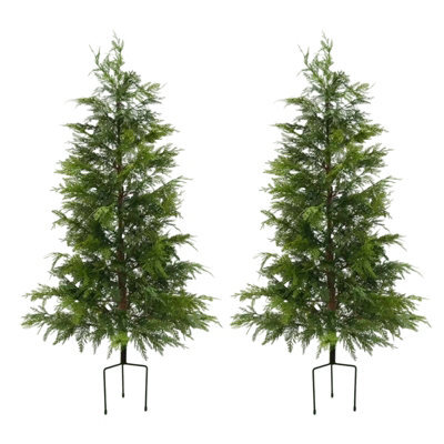 London Boutique 2 Pack 120Cm Pre-Lit Artificial Cypress Trees, Warm White Led Lights, Uv Resistant Faux Plants With Ground Spikes - image 1