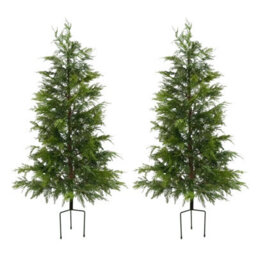 London Boutique 2 Pack 120Cm Pre-Lit Artificial Cypress Trees, Warm White Led Lights, Uv Resistant Faux Plants With Ground Spikes - thumbnail 1