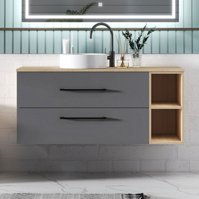 Sline 1200mm Wall-Hung Bathroom Vanity Unit With 2 Soft Close Drawers For Storage,ceramic Basin, Oak, Anthracite, Flat Packed - image 1