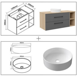Sline 1200mm Wall-Hung Bathroom Vanity Unit With 2 Soft Close Drawers For Storage,ceramic Basin, Oak, Anthracite, Flat Packed - thumbnail 2