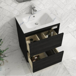 Royal Bathrooms Orion 600mm Floor Standing Vanity Unit 2 Door Hale Black With Carrara White Basin & Brushed Brass Accent Trim - thumbnail 5