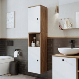 Roomart Lotus Wall Mounted Bathroom Towel Storage Cabinet 150Cm High In White And Oak Finish - thumbnail 1