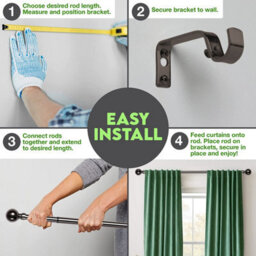 Ameha Curtain Metal Pole Extendable Curtain Rod,60mm Finials, Ring,brackets And Fitting Set (120-210Cm, 48''- 84'',black Nickel) - thumbnail 6