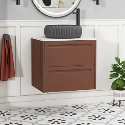 Royal Bathrooms Royal Bathroom Elmore 600mm Terracotta Clay Wall Mounted Bathroom Vanity Unit 2 Drawer Plain White Worktop With Milan Black Basin - image 1