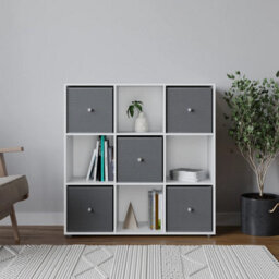 Urbn-Living 9 Cube White  Wooden Bookcase Shelving Unit With 5 Collapsible Fabric Drawers Light Grey - thumbnail 2