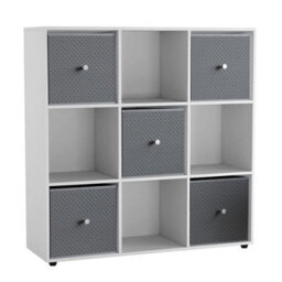 Urbn-Living 9 Cube White  Wooden Bookcase Shelving Unit With 5 Collapsible Fabric Drawers Light Grey - thumbnail 1