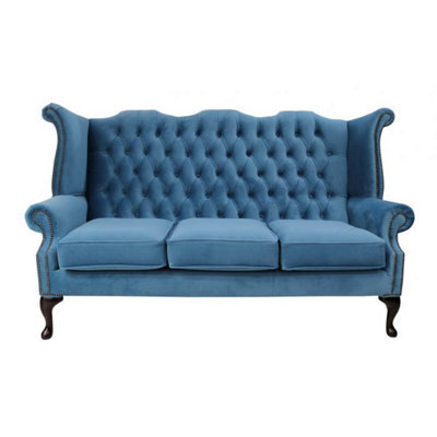 Chesterfield 3 Seater High Back Wing Sofa Amalfi Cadet Blue Velvet In Queen Anne Style - image 1