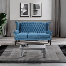 Chesterfield 3 Seater High Back Wing Sofa Amalfi Cadet Blue Velvet In Queen Anne Style - thumbnail 2