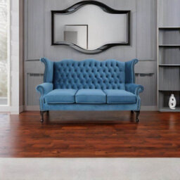 Chesterfield 3 Seater High Back Wing Sofa Amalfi Cadet Blue Velvet In Queen Anne Style - thumbnail 3