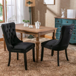 Matteo Modern Set Of 2 Upholstered Velvet Dining Chairs With Button Tufting And Knocker Ring - Black - thumbnail 2