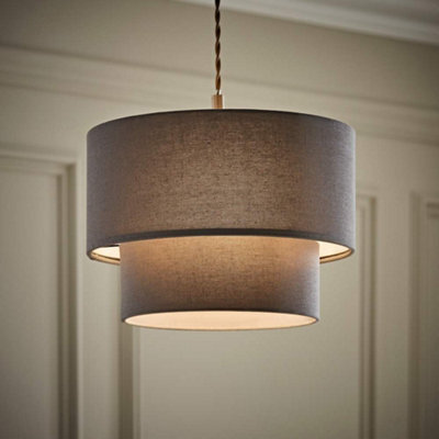 Valuelights Jodie Two Tier Grey Linen Ceiling Drum Lamp Shade And Bulb (D)30Cm - image 1