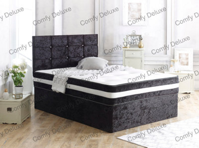 Comfy Deluxe 6Ft Black Crushed Superking Divan Bed Set With Headboard And Mattress 2 Drawers Same Side
