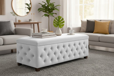90Cm Wide Empire Ottoman Storage Box With Legs, White Velvet Chesterfield Upholstered Ottoman Footstool Coffee Table - image 1