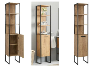 Impact Furniture Freestanding Tall Bathroom Cabinet Storage Unit Tallboy Black Steel Industrial Frame Oak Finish Loft Display Shelf Brook - image 1