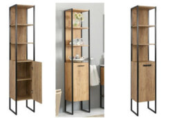 Impact Furniture Freestanding Tall Bathroom Cabinet Storage Unit Tallboy Black Steel Industrial Frame Oak Finish Loft Display Shelf Brook