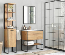 Impact Furniture Freestanding Tall Bathroom Cabinet Storage Unit Tallboy Black Steel Industrial Frame Oak Finish Loft Display Shelf Brook - thumbnail 8