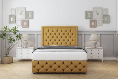"Sloomy Vienna Mustard Plush Divan Bed Set No Drawers With 54"" Floor Standing & 12"" Footboard 2'6 Small Single" - image 1